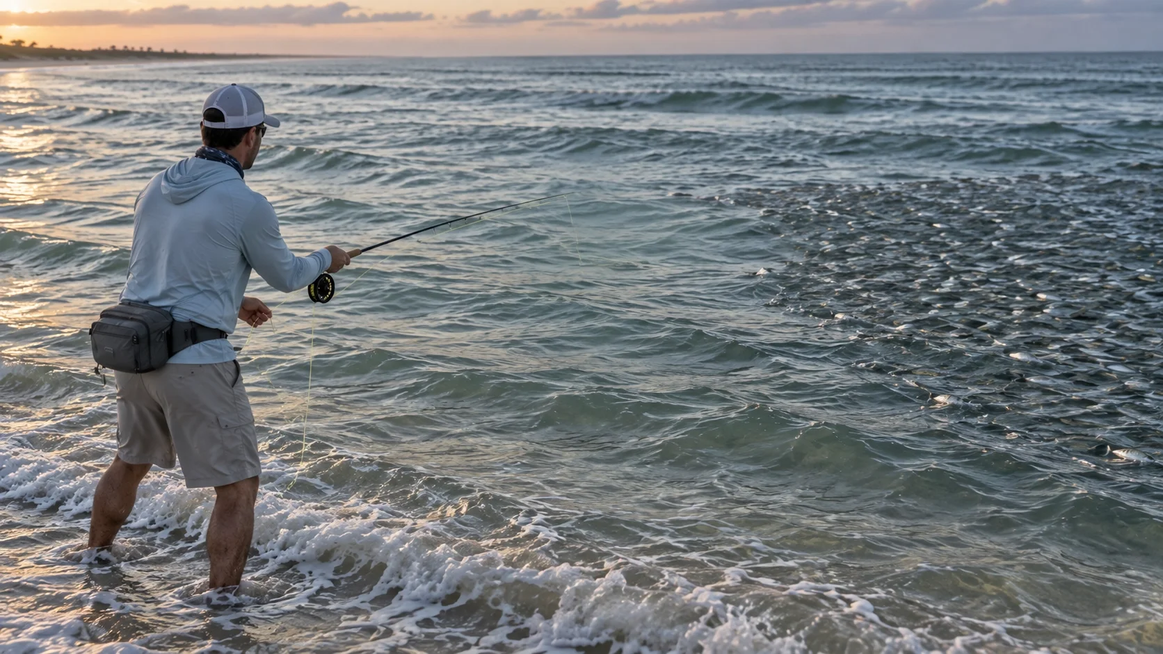 Fly angler casting to the outside edge of a mullet school from a Florida beach trough