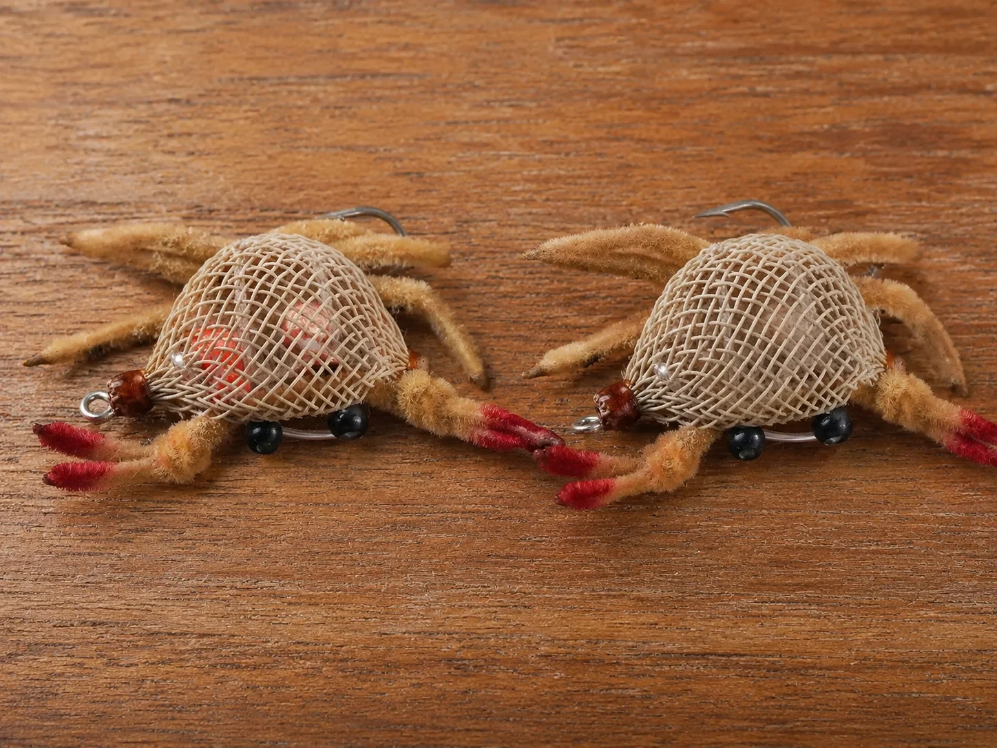 Side-by-side comparison of permit crab flies showing heavy tungsten eyes versus light bead-chain eyes for different Florida Keys flat depths