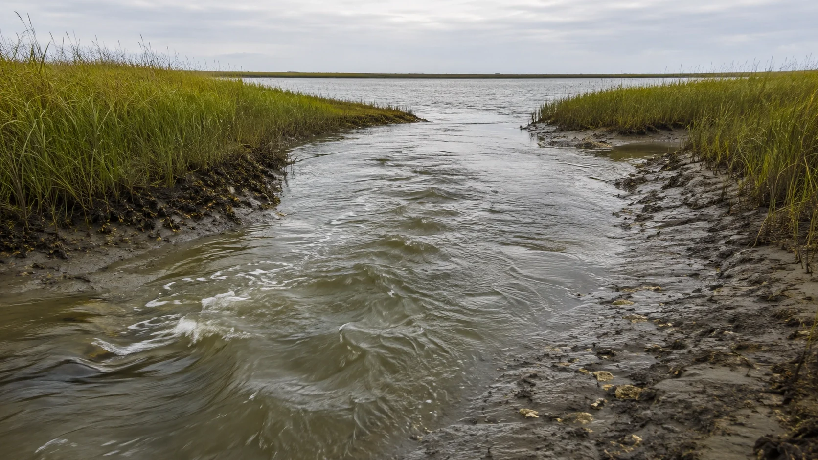 Outgoing tide flowing through a marsh drain, the type of structure that concentrates redfish during falling water