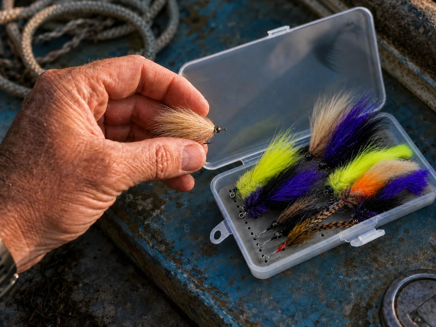 The Megafin Tarpon Roach and Toad fly assortment in a foam fly box