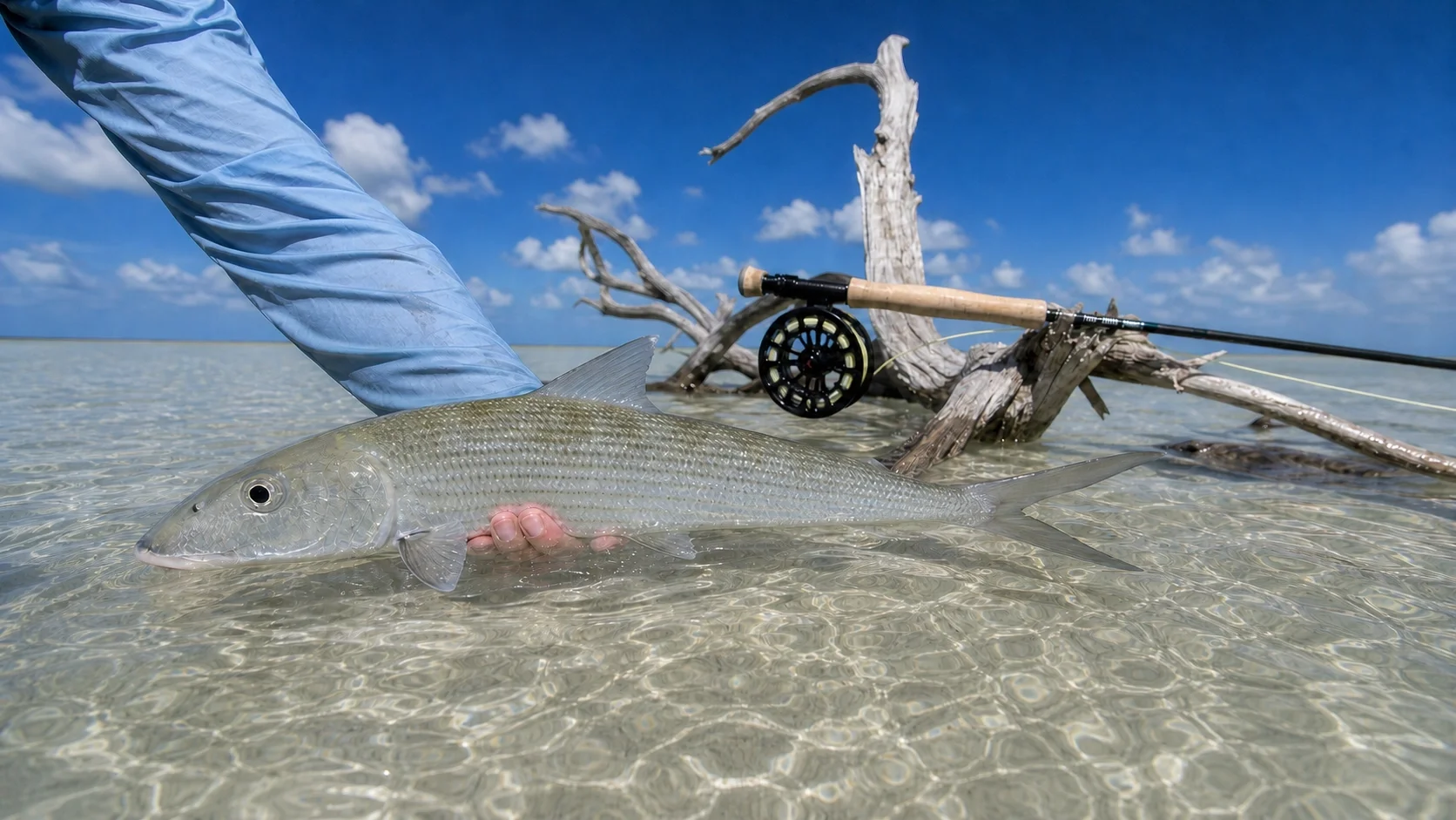 Close-up of a bonefish at water level, fly rod resting on bleached driftwood, crystal clear Florida Keys flat in the background.