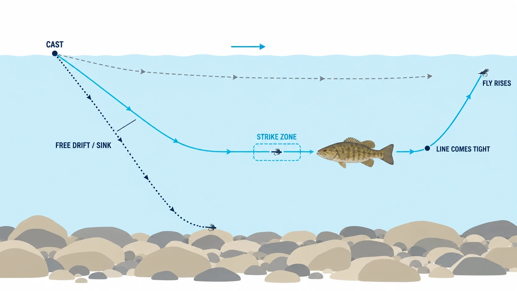 Side-view diagram of one river run with three streamer paths: over the fish, dragging bottom, and through the strike zone