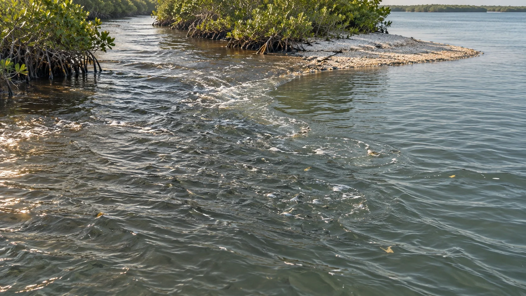 An inlet current seam funneling finger mullet out to holding snook