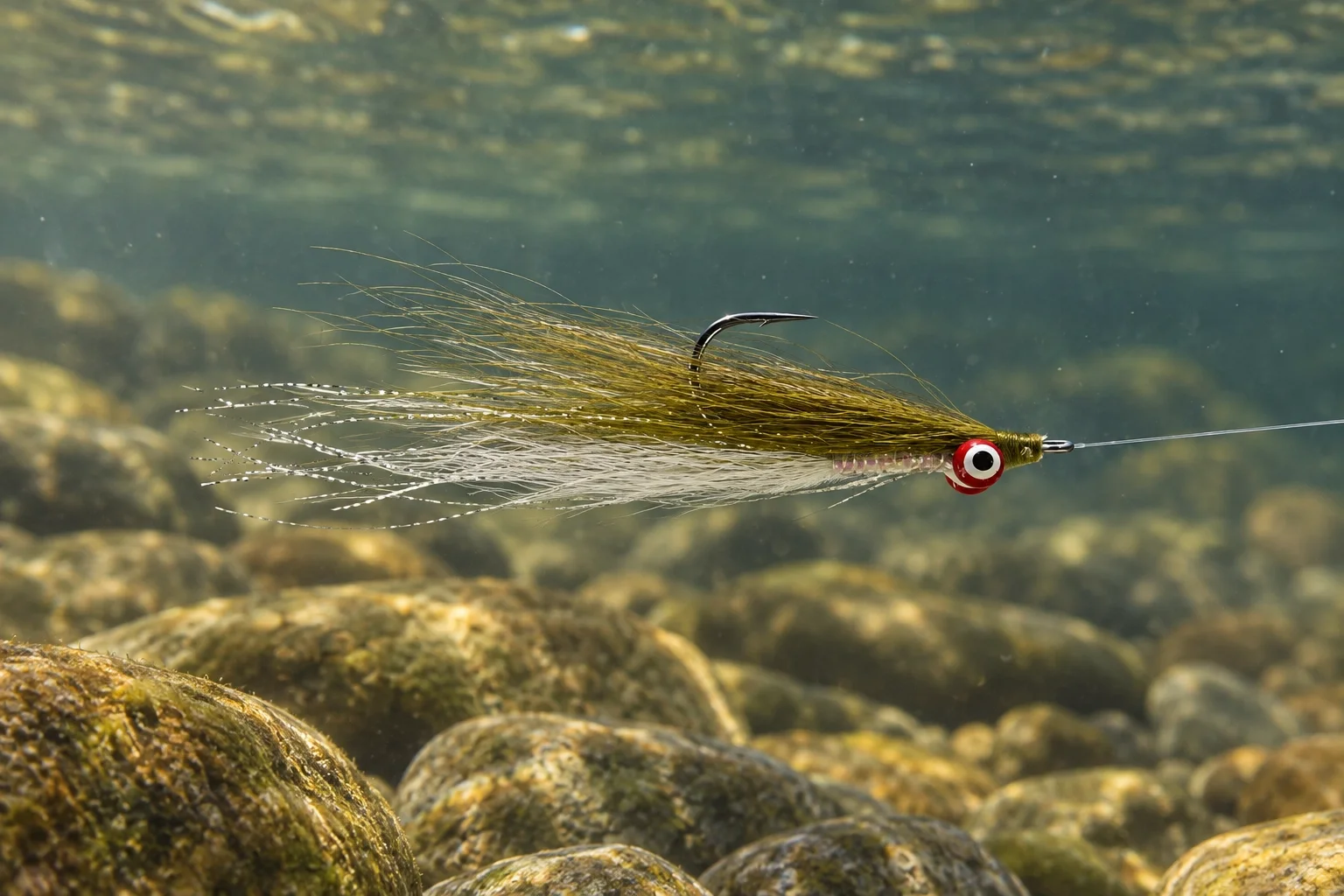 A weighted Clouser Minnow sinking toward a rocky river bottom