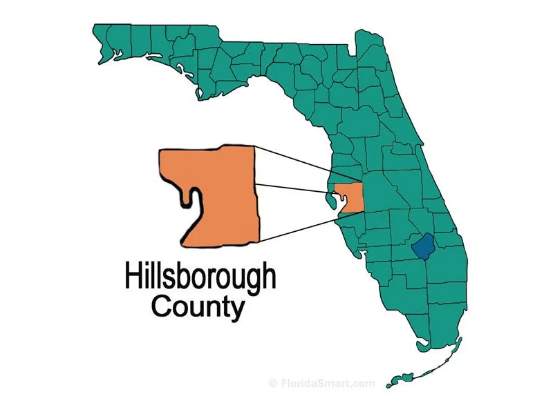 Orange Hillsborough County silhouette popping out from Florida silhouette.