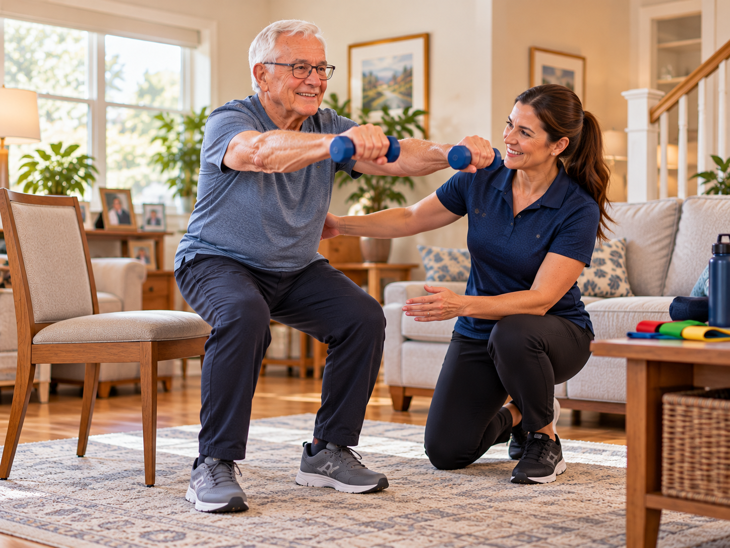 HomeStretch kinesiologist kneeling beside an older man as he lowers into a supported squat in front of a dining chair, holding light dumbbells, in his bright living room with resistance bands on the coffee table