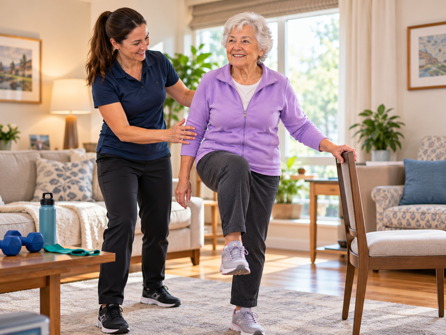 HomeStretch kinesiologist steadying an older woman's arm as she lifts one knee and holds the back of a chair for a single-leg balance exercise in her bright living room, with dumbbells and a resistance band on the coffee table