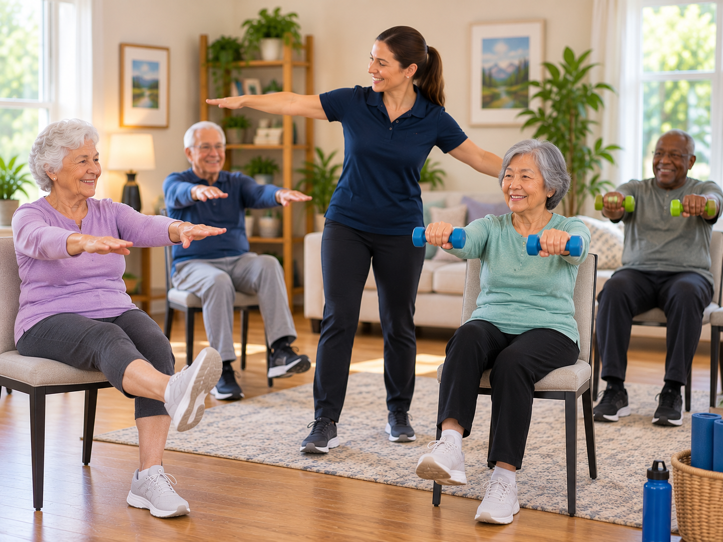 Four older adults in a seated exercise class doing leg extensions and light dumbbell presses while a HomeStretch kinesiologist demonstrates arm raises at the front