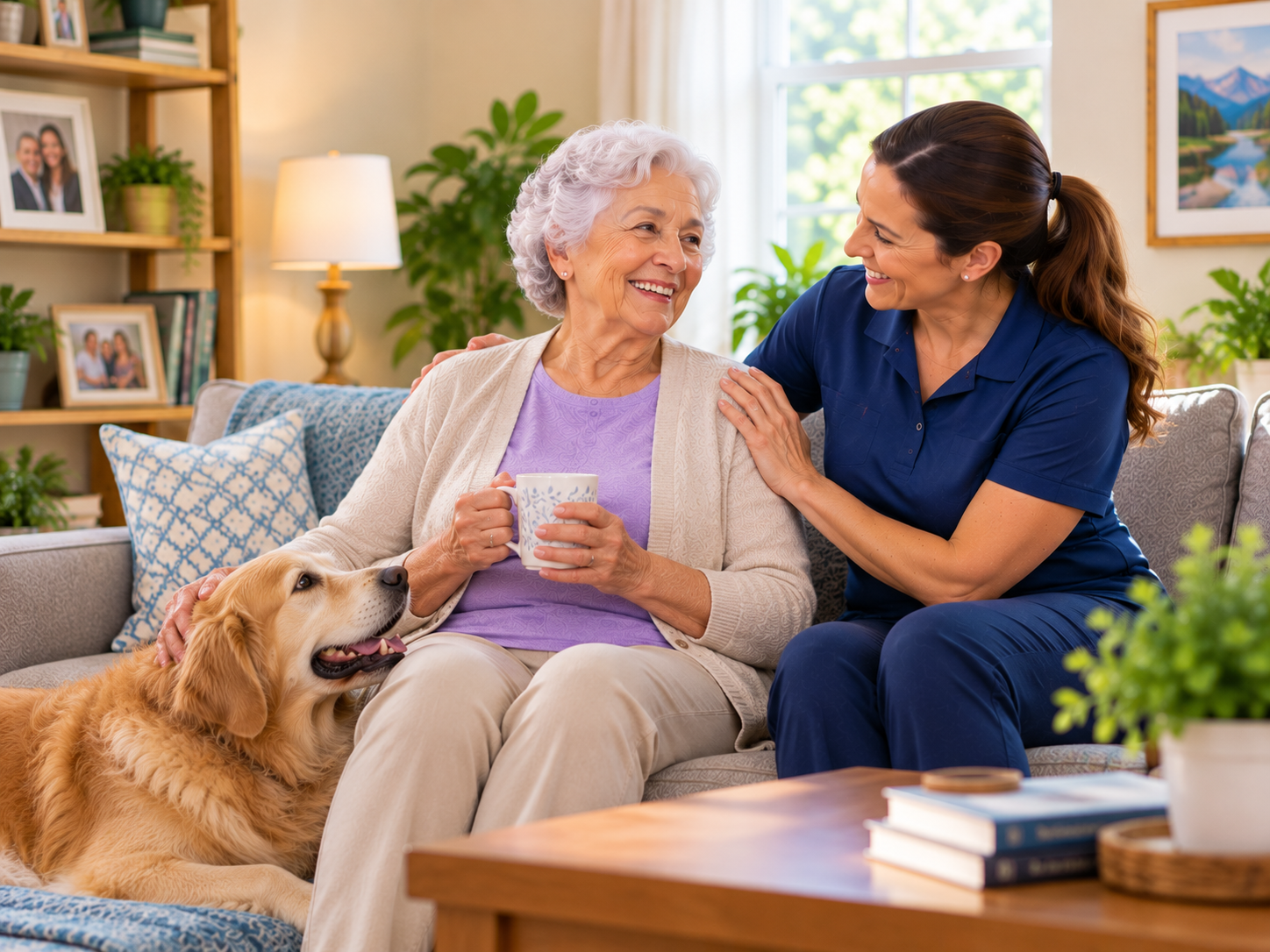 Older woman smiling on her living room couch with a cup of tea and her golden retriever beside her, while a HomeStretch kinesiologist sits with a hand on her shoulder