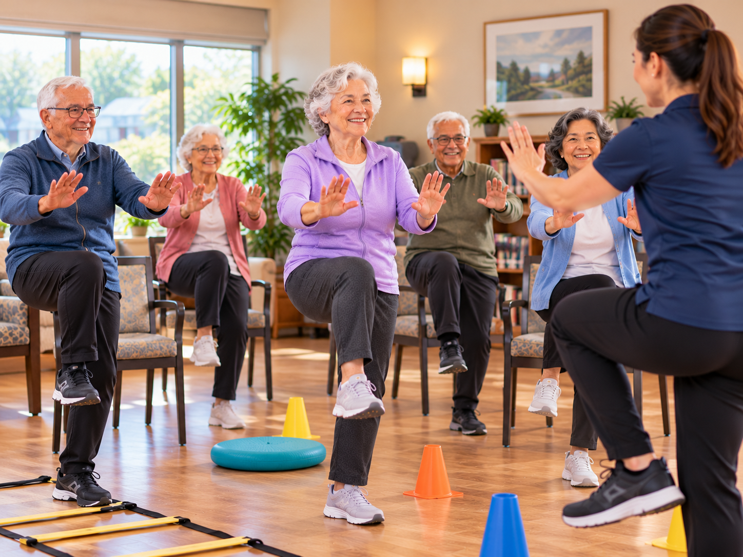 Older adults in a bright residence lounge lifting one knee with arms forward, following a HomeStretch kinesiologist during a balance workshop, with cones, a balance cushion, and an agility ladder on the floor