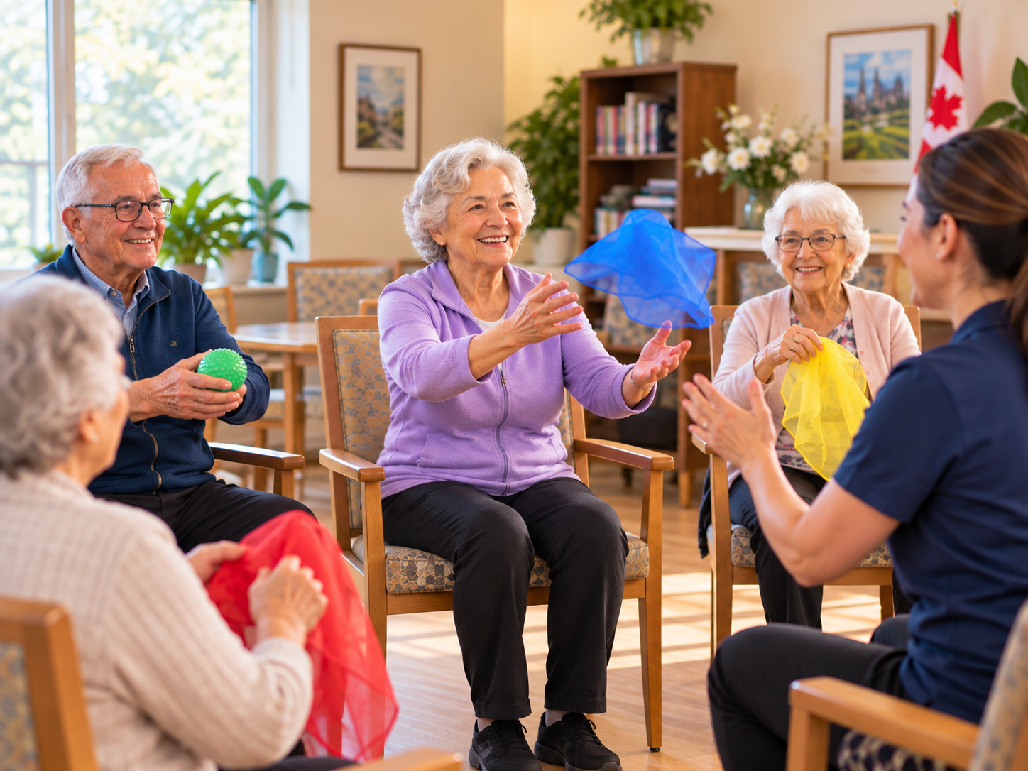 Older adults seated in a circle in a care home lounge, tossing colourful scarves and holding a textured reaction ball during a brain and balance activity led by a HomeStretch kinesiologist