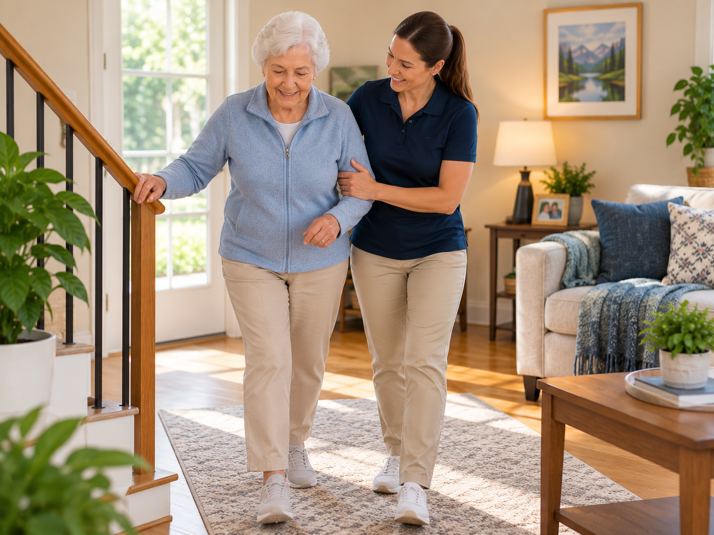 HomeStretch kinesiologist supporting an older woman by the arm as she holds the stair handrail and walks across her living room at home