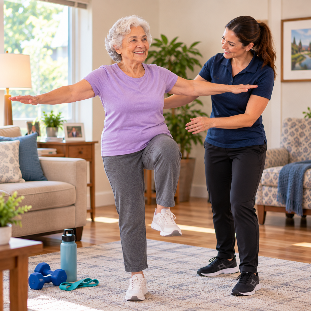 Older woman balancing on one leg with her arms out to the sides while a HomeStretch kinesiologist stands close to spot her, in a sunny living room with dumbbells, a resistance band, and a water bottle on the rug