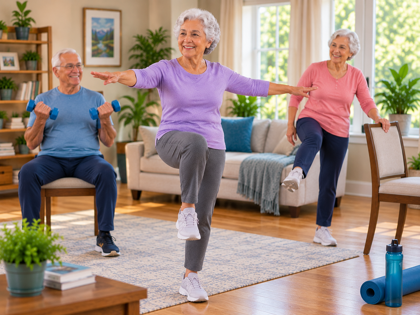 Three older adults exercising in a living room: a woman holds a single-leg balance with arms out, a man does seated dumbbell curls, and another woman does a chair-supported knee lift
