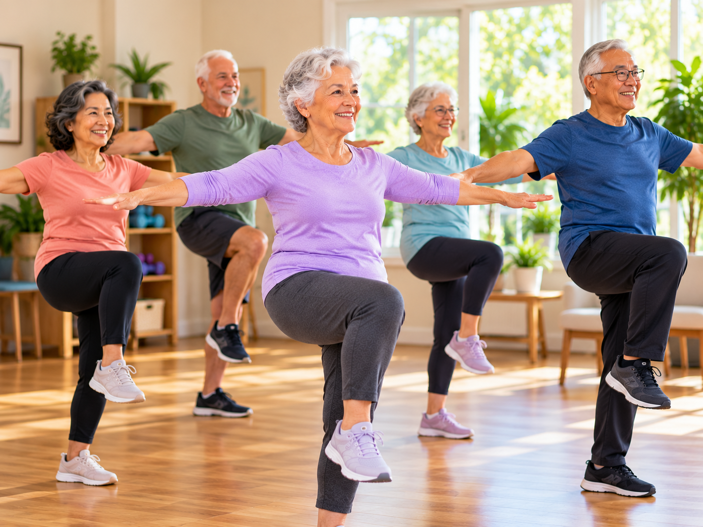 Group of smiling older adults in a bright studio balancing on one leg with their arms out to the sides during a balance class