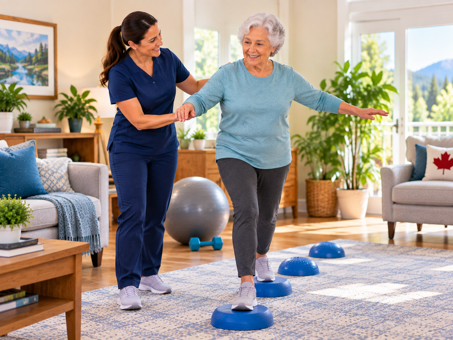 HomeStretch kinesiologist holding an older woman's hand for support as she steps across balance pods on her living room rug with her arms out