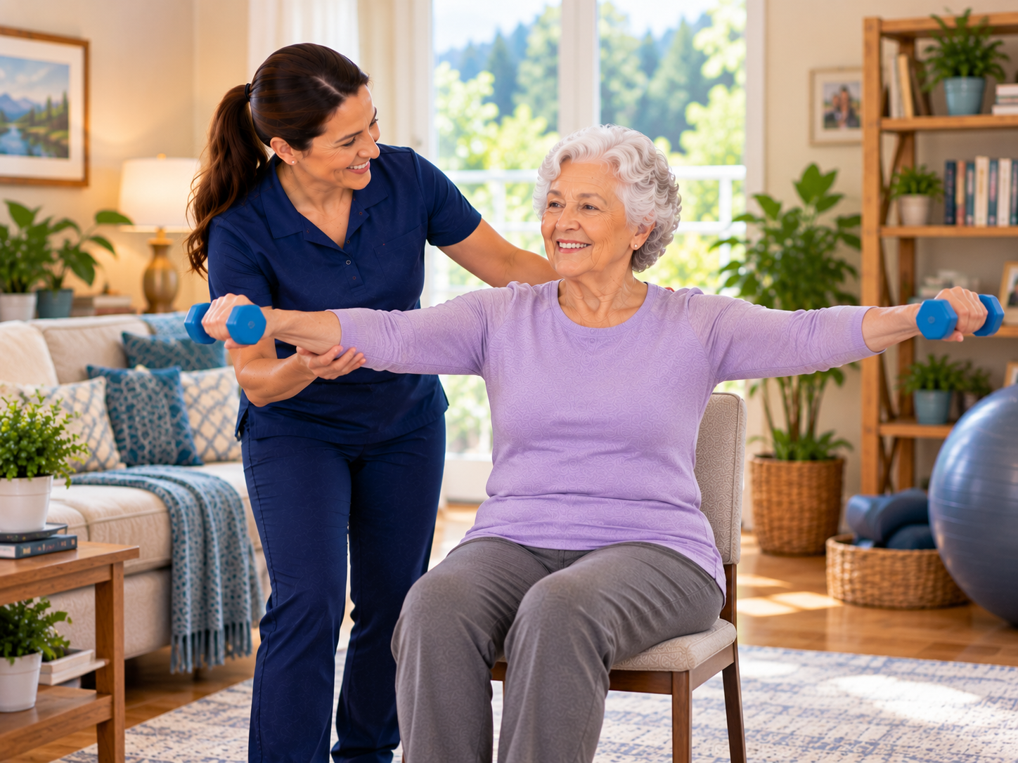 Older woman seated on a dining chair in her living room lifting light dumbbells out to the sides while a HomeStretch kinesiologist supports her arm