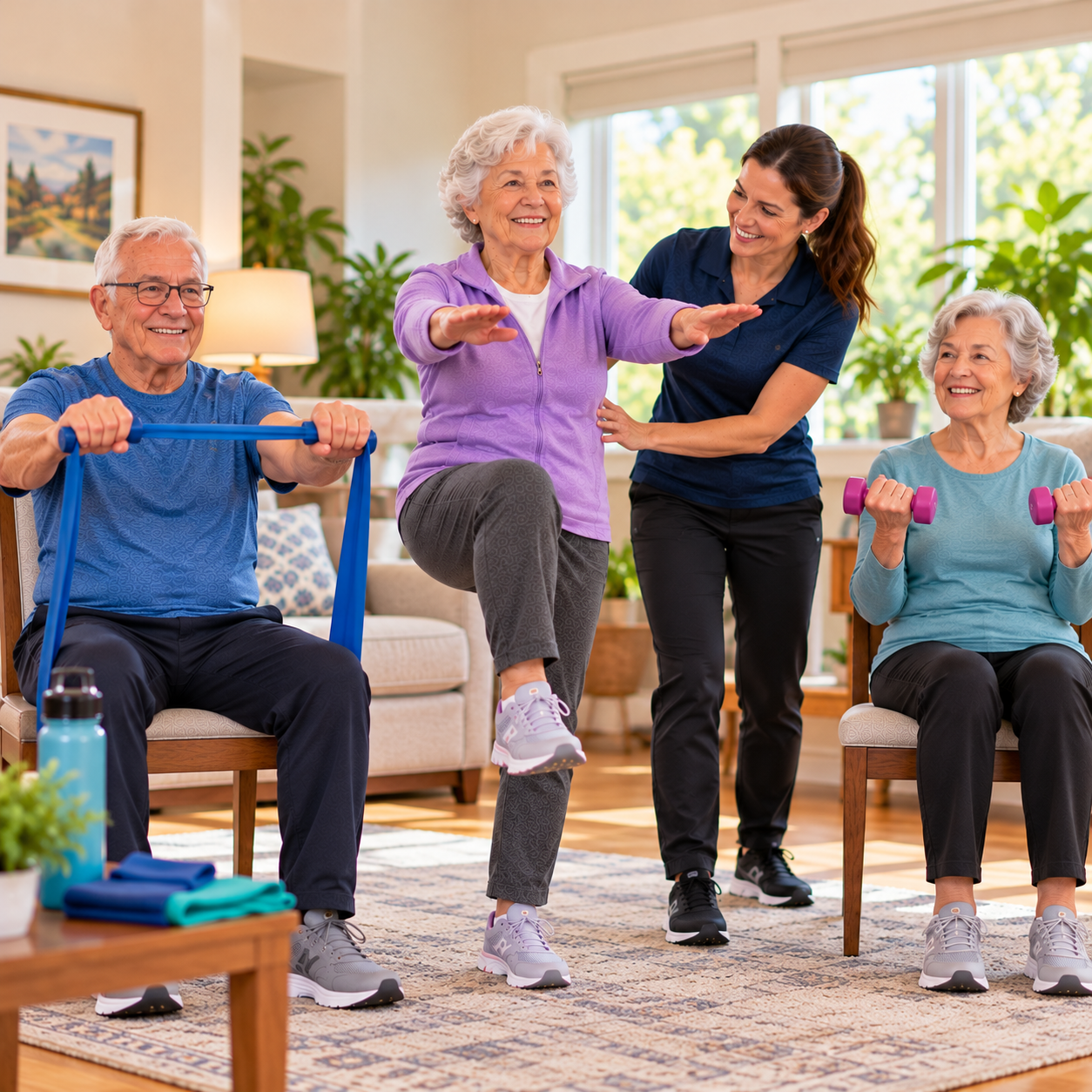 HomeStretch kinesiologist steadying an older woman as she lifts one knee in a standing balance exercise, while an older man pulls a resistance band and another woman lifts light dumbbells from their chairs in a bright living room