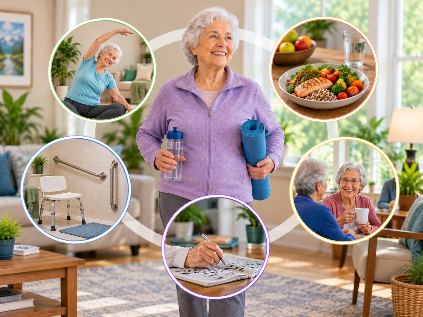Smiling older woman holding a water bottle and yoga mat, surrounded by five circles showing the parts of healthy aging: stretching, a healthy meal, bathroom grab bars and a bath seat, a crossword puzzle, and friends sharing tea