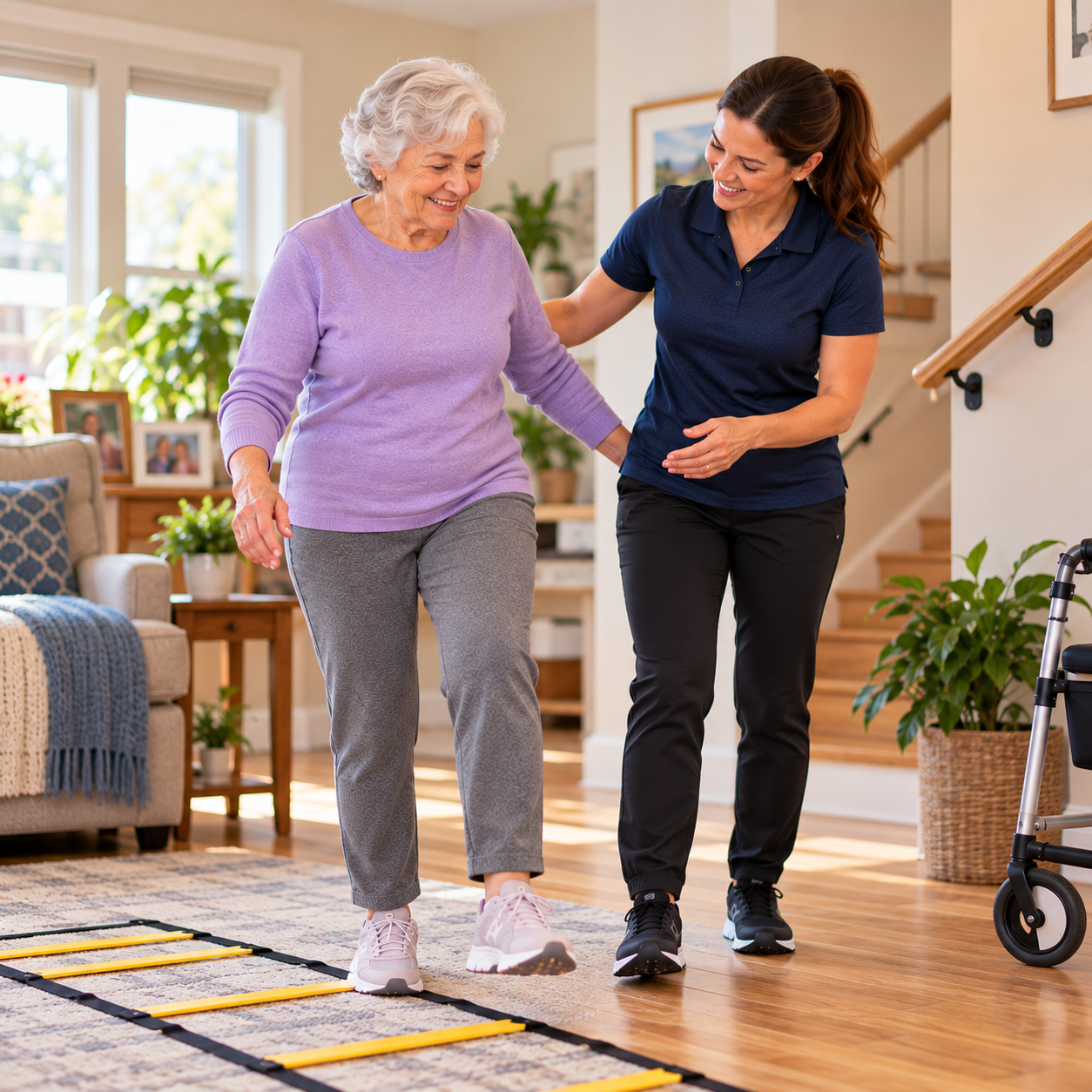 HomeStretch kinesiologist walking beside an older woman and guiding her at the waist as she steps along an agility ladder on her living room rug, with a stair handrail and a walker in the background