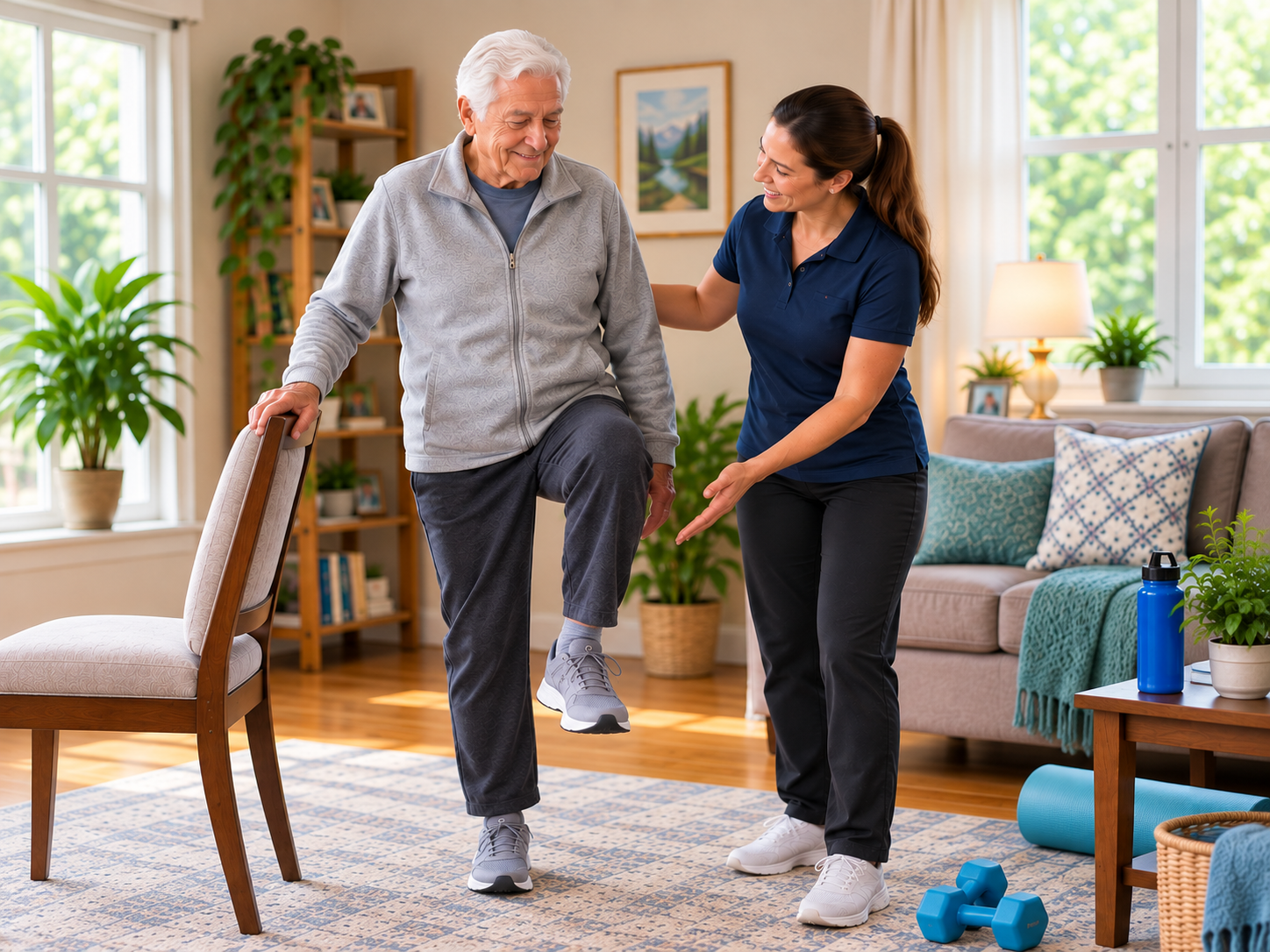 HomeStretch kinesiologist guiding an older man through a supported single-leg balance exercise while he holds the back of a chair in his living room