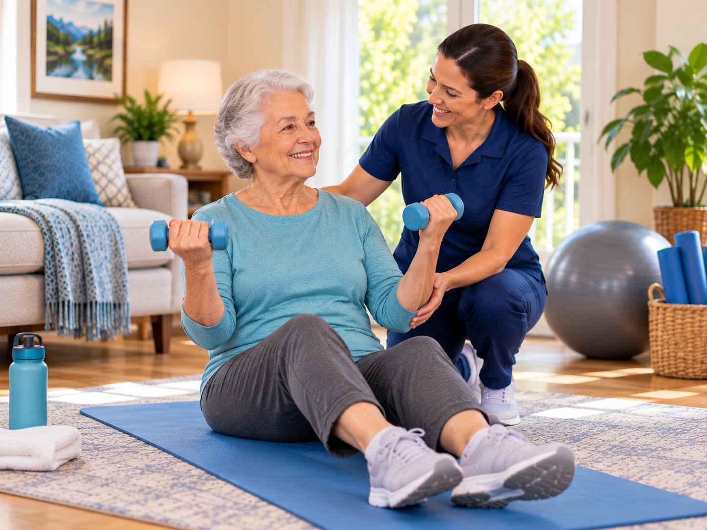 Older woman sitting on a yoga mat in her living room doing seated bicep curls with light dumbbells while a HomeStretch kinesiologist kneels beside her
