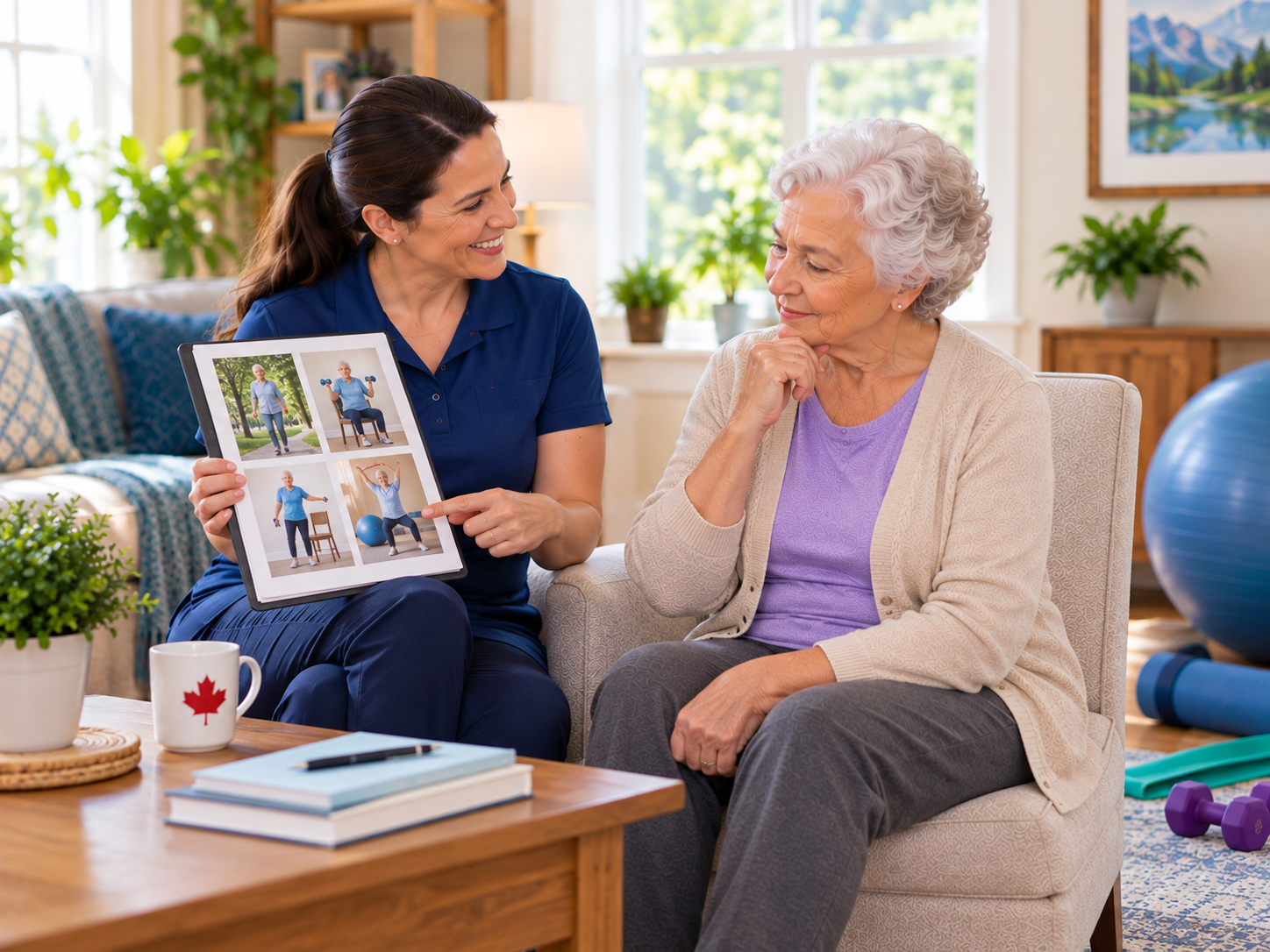 HomeStretch kinesiologist showing an older woman a printed exercise plan with four movement photos during an in-home consultation on her couch