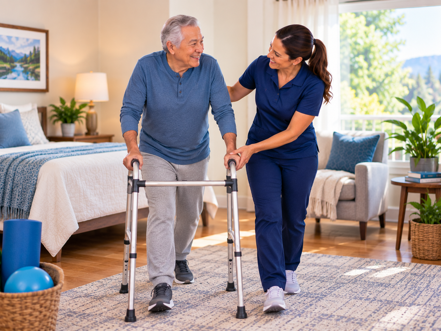 Older man using a walker to practise steps across his bedroom while a HomeStretch kinesiologist supports his arm during in-home rehab after hospital discharge