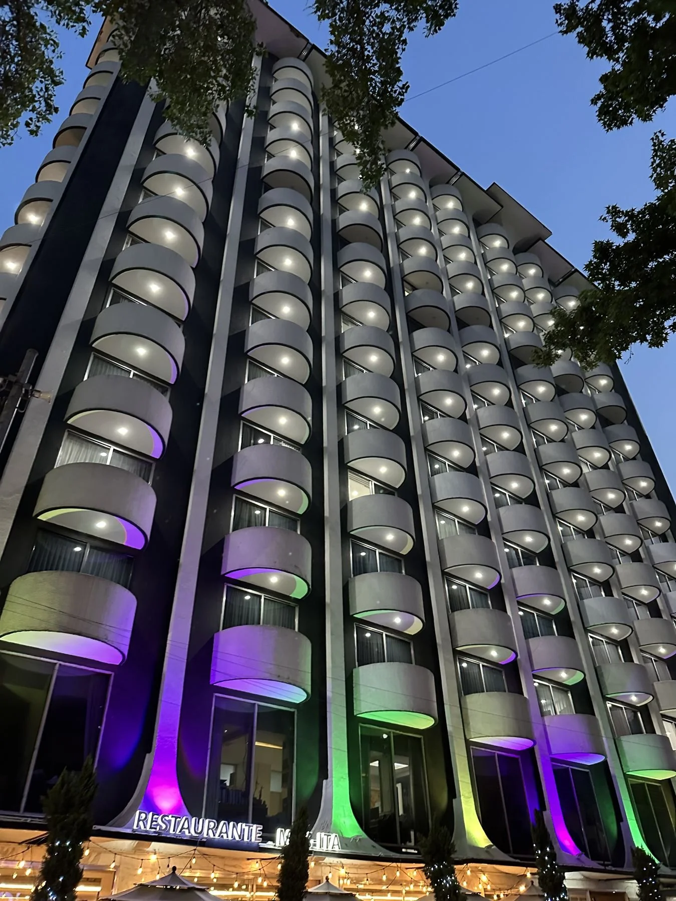 Mexico City travel – tower hotel lit up at night