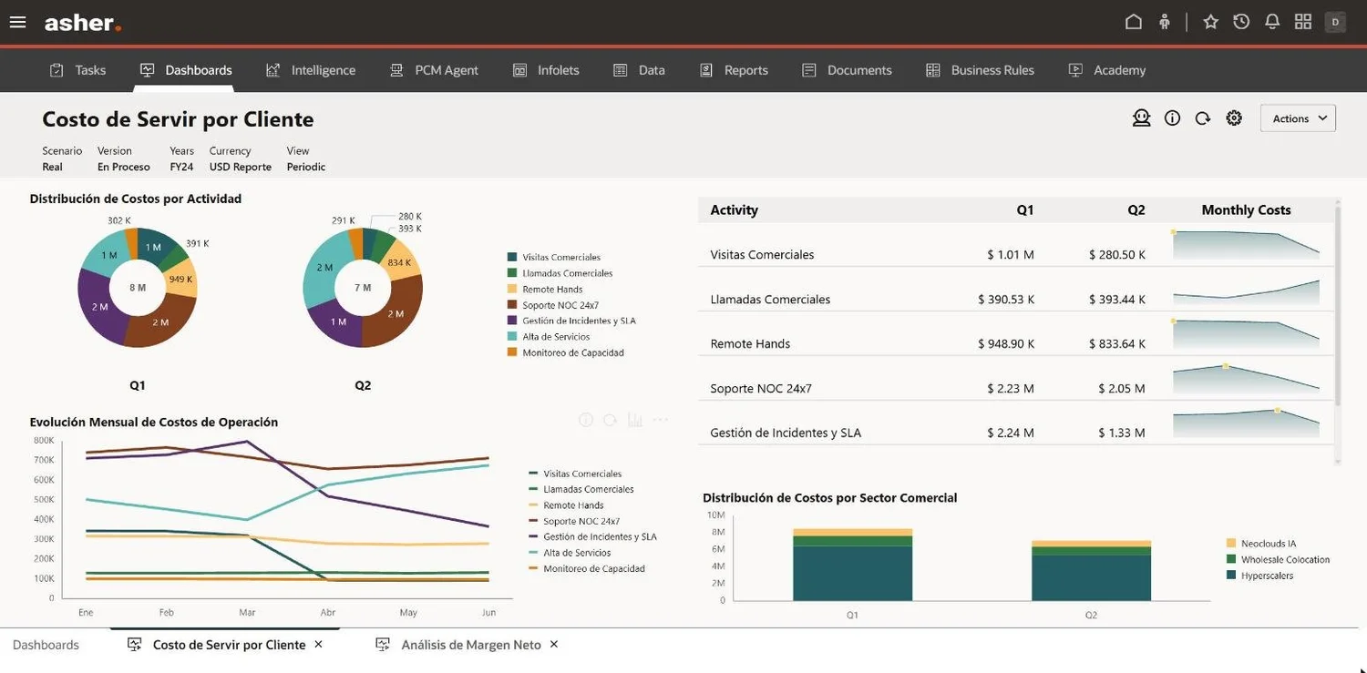 Cost to serve dashboard in Oracle EPCM: cost by activity per quarter and monthly trend