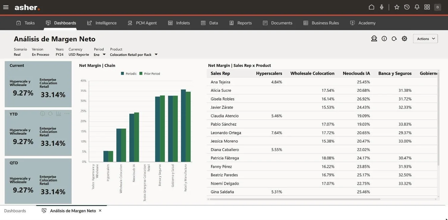 Net margin dashboard by customer segment and sales representative