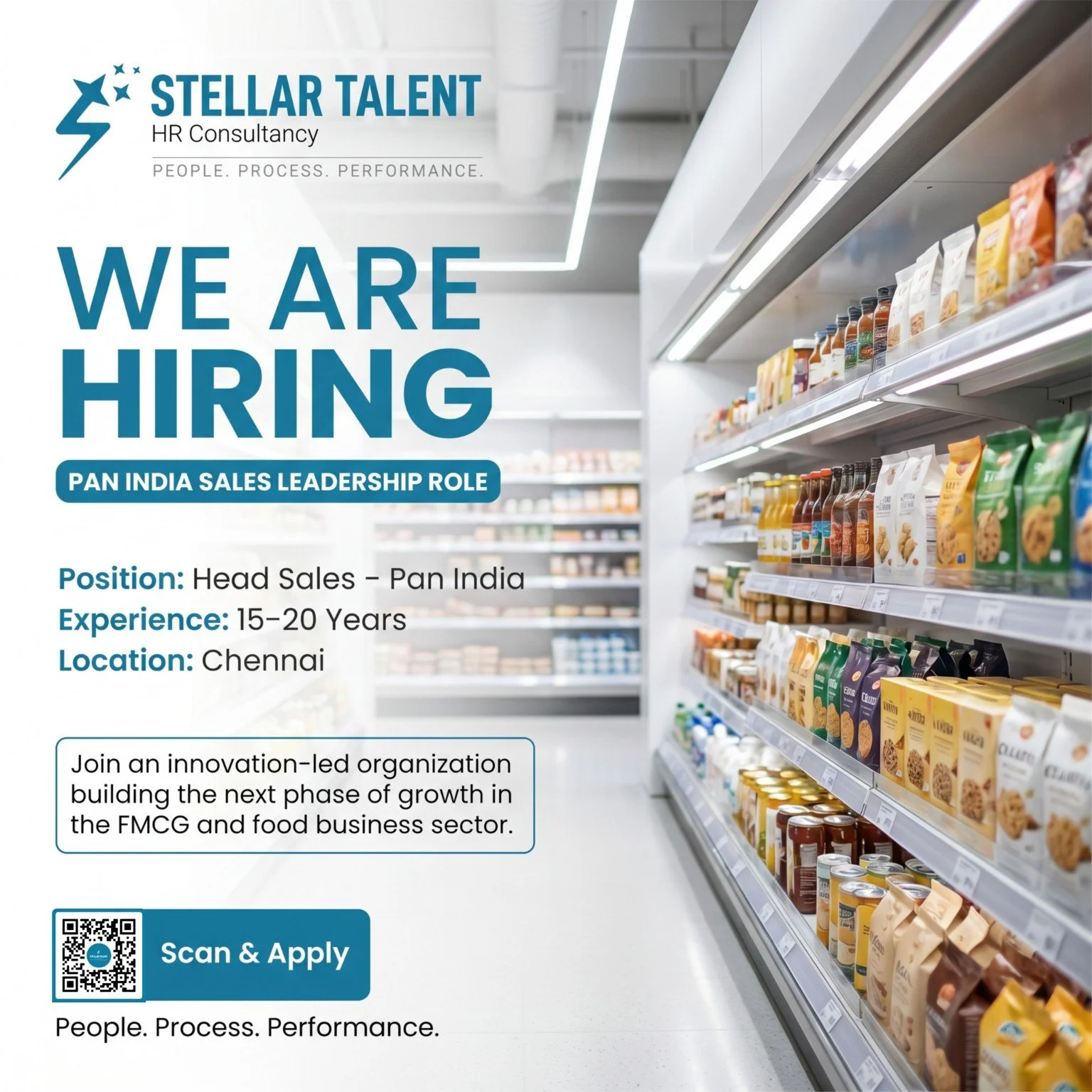 Stellar Talent HR Consultancy advert for Head Sales — Pan India in an FMCG and food business, with a supermarket aisle and application QR code.