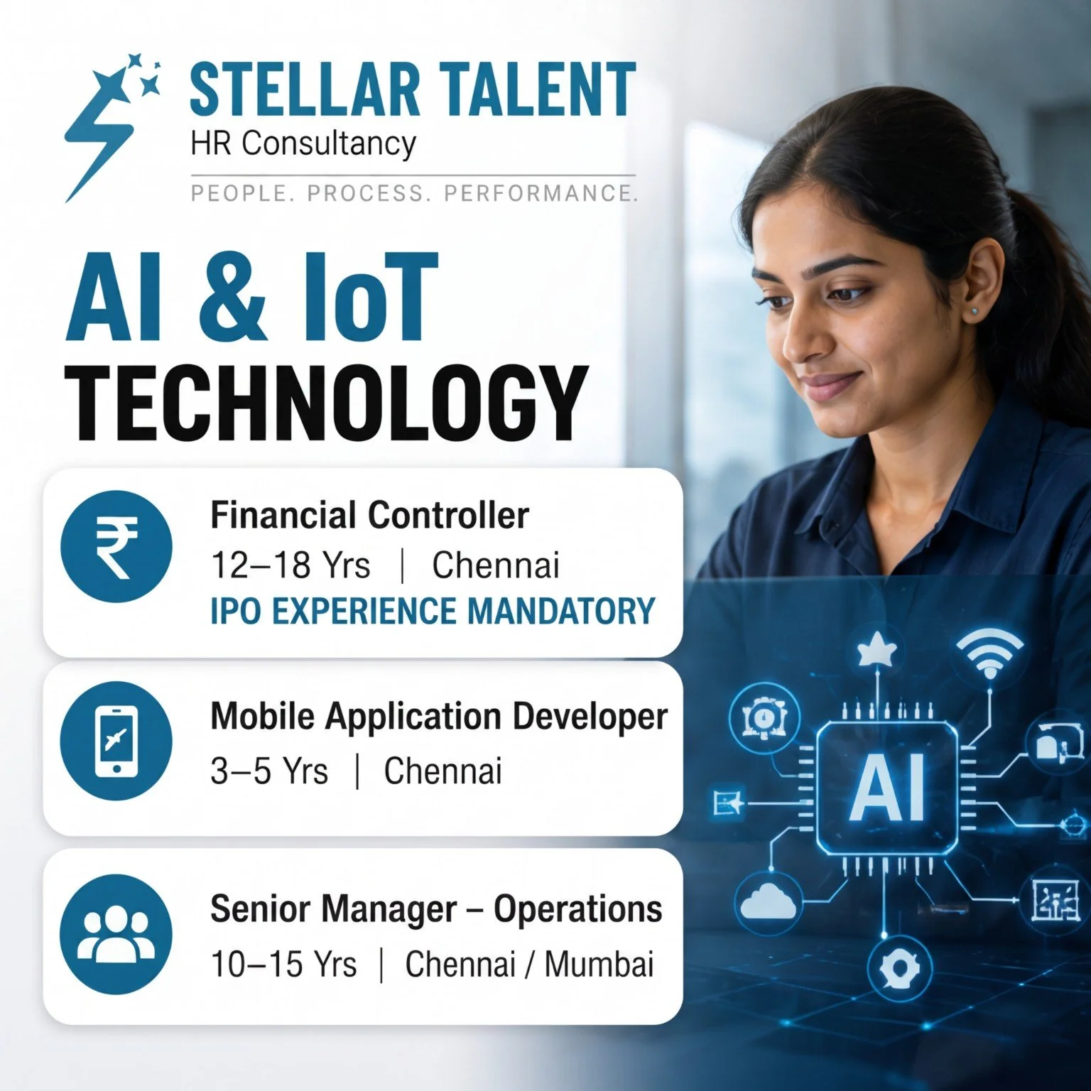 Stellar Talent HR Consultancy AI & IoT Technology advert listing financial controller, mobile application developer and operations management roles.
