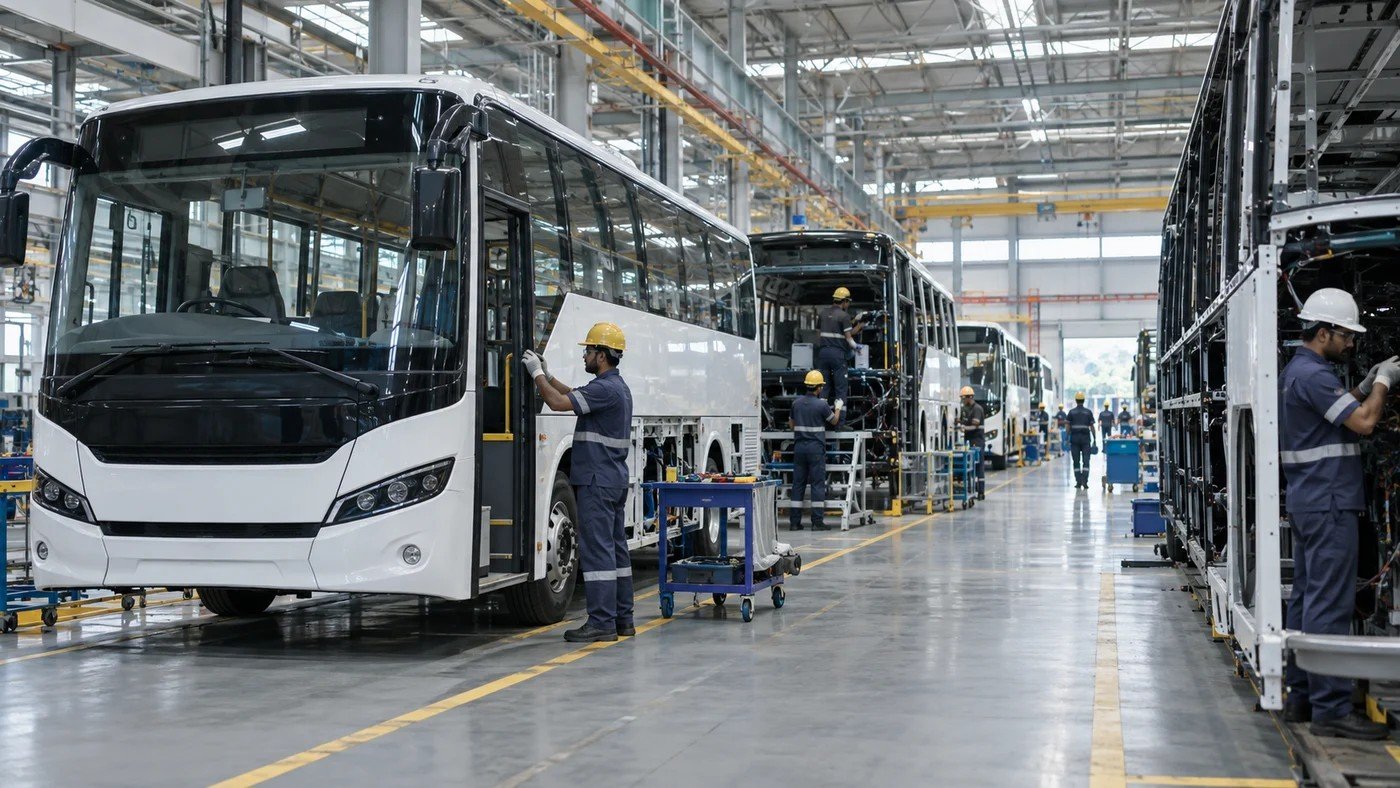 Illustrative photograph of full-size commercial buses at different assembly stages in a modern bus manufacturing facility