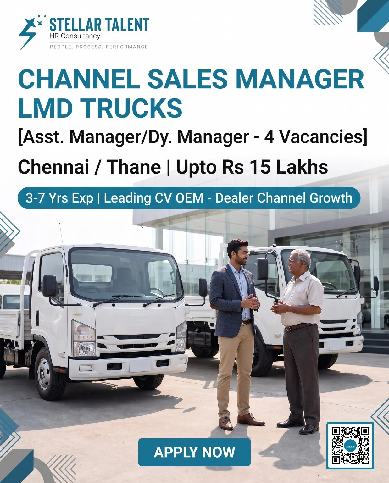 Stellar Talent HR Consultancy Channel Sales Manager — LMD Trucks advert, showing commercial vehicles and two business professionals.