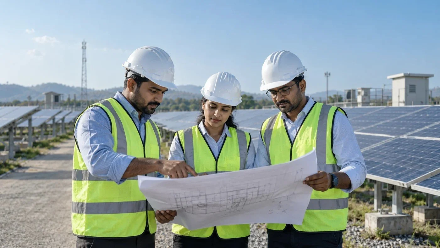 Illustrative photograph of Indian engineers reviewing plans at a solar facility with panel arrays and appropriate safety gear