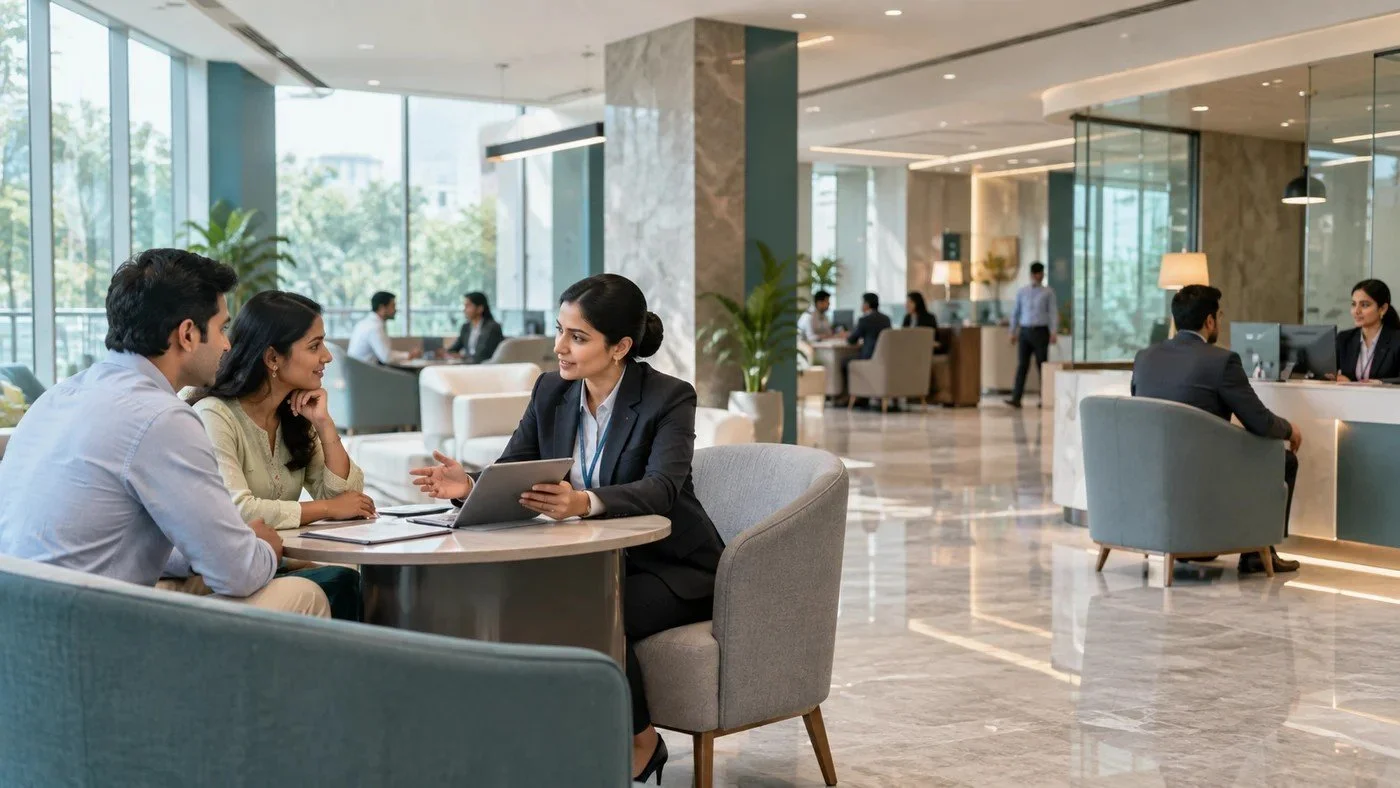 Illustrative photograph of a contemporary bank branch with customer consultation areas and soft daylight