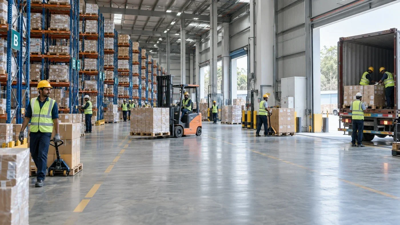 Illustrative wide photograph of organised storage racks and dispatch activity in a modern distribution centre