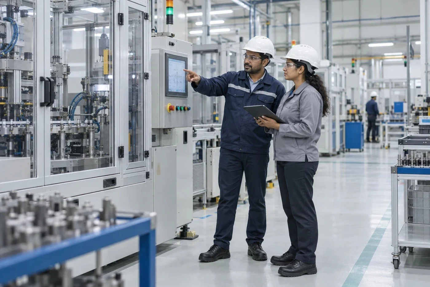 Illustrative photograph of an Indian technical specialist working alongside an in-house engineer on safely guarded equipment in a clean manufacturing facility