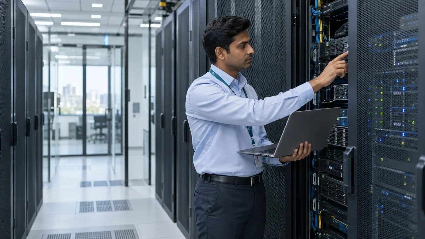 Illustrative photograph of an Indian infrastructure engineer reviewing server systems in a modern data centre
