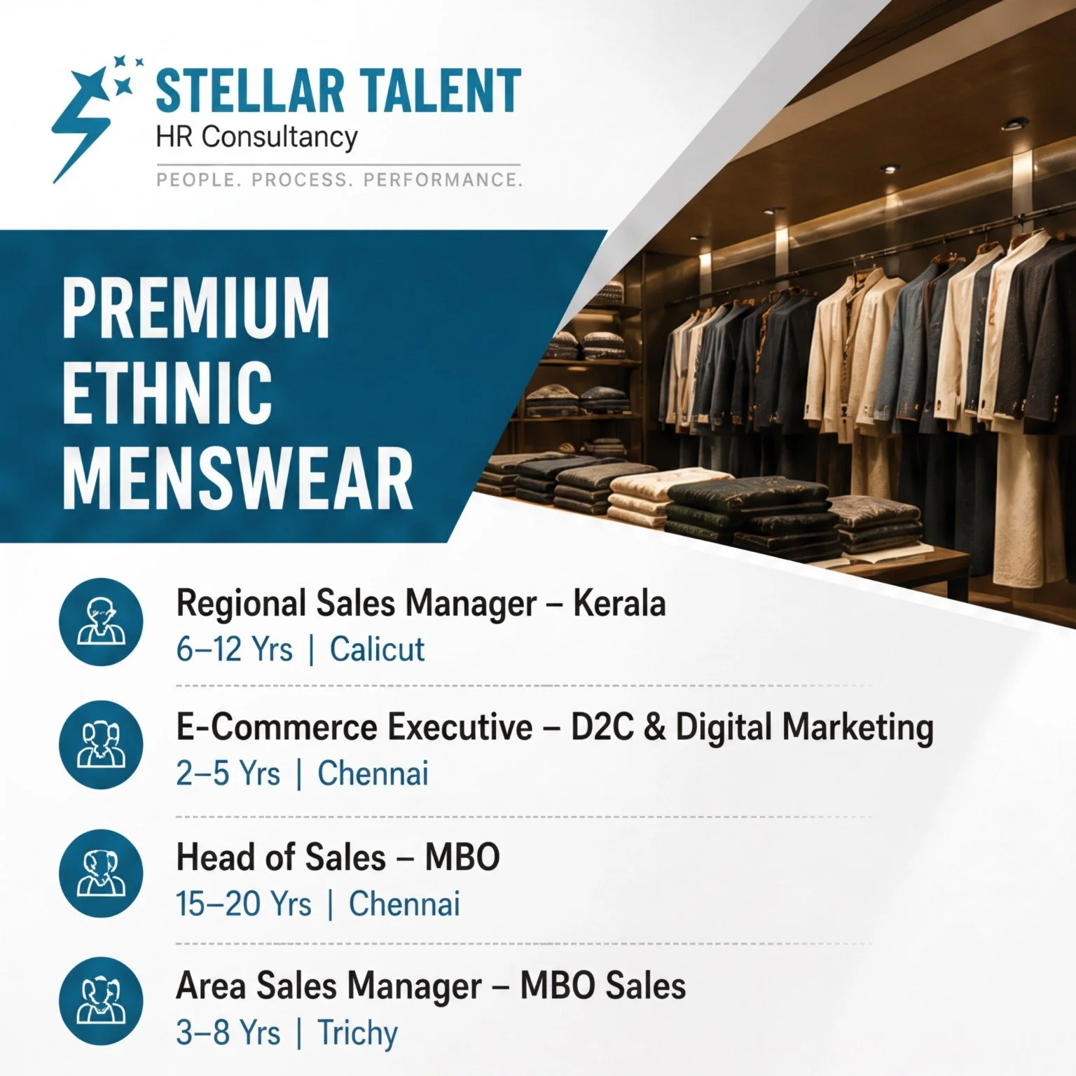 Stellar Talent HR Consultancy Premium Ethnic Menswear advert listing regional sales, e-commerce, head of sales and area sales roles beside a clothing-store photograph.