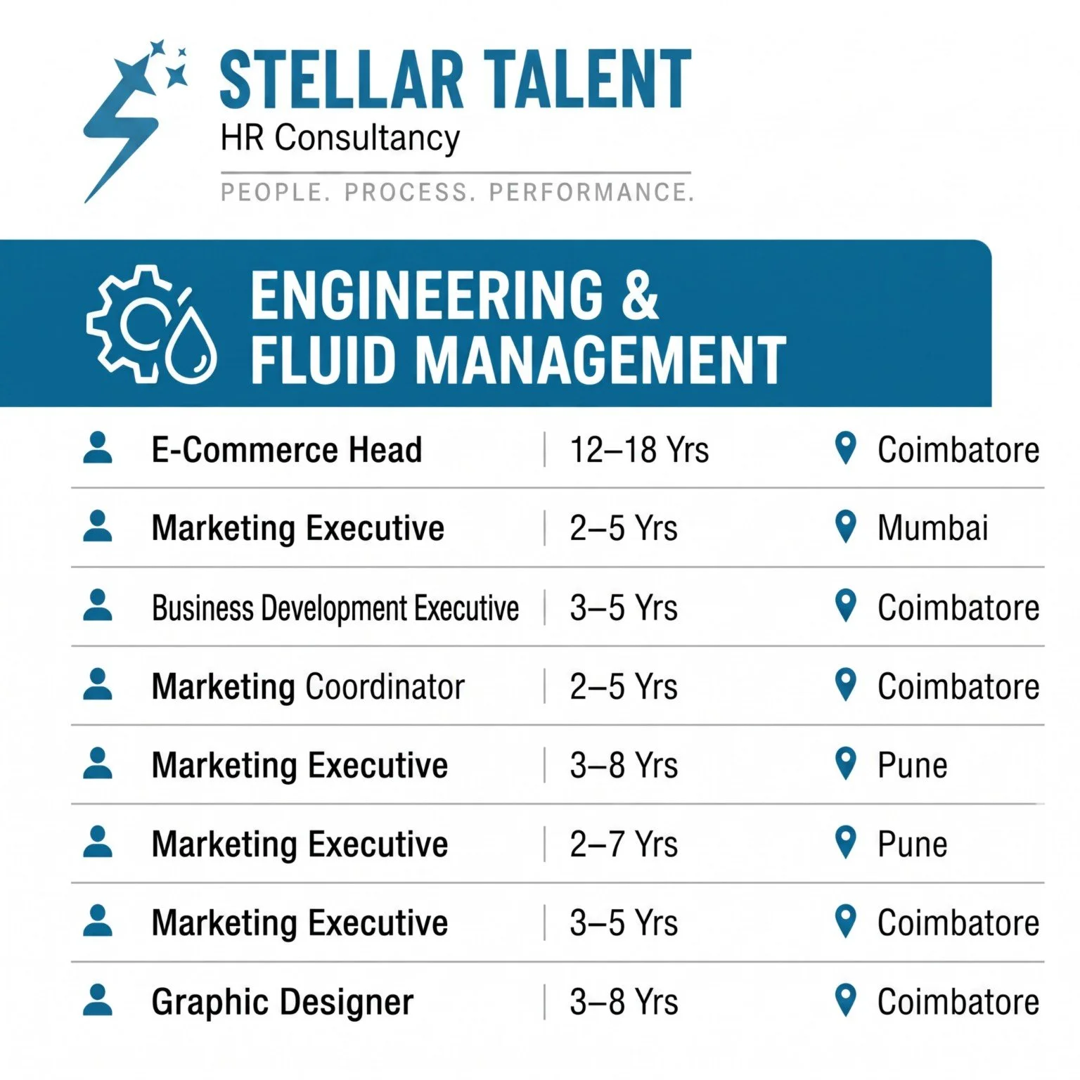 Stellar Talent HR Consultancy Engineering & Fluid Management advert listing eight roles in e-commerce, marketing, business development and graphic design.