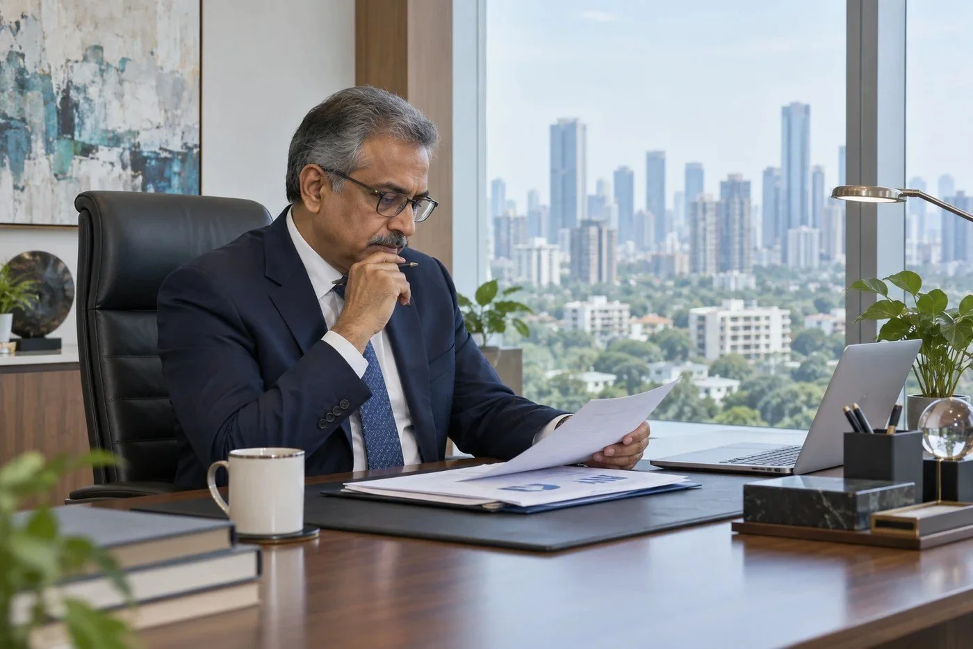 Illustrative photograph of an experienced Indian chairperson reviewing a board-appointment brief at an executive desk with a city skyline behind