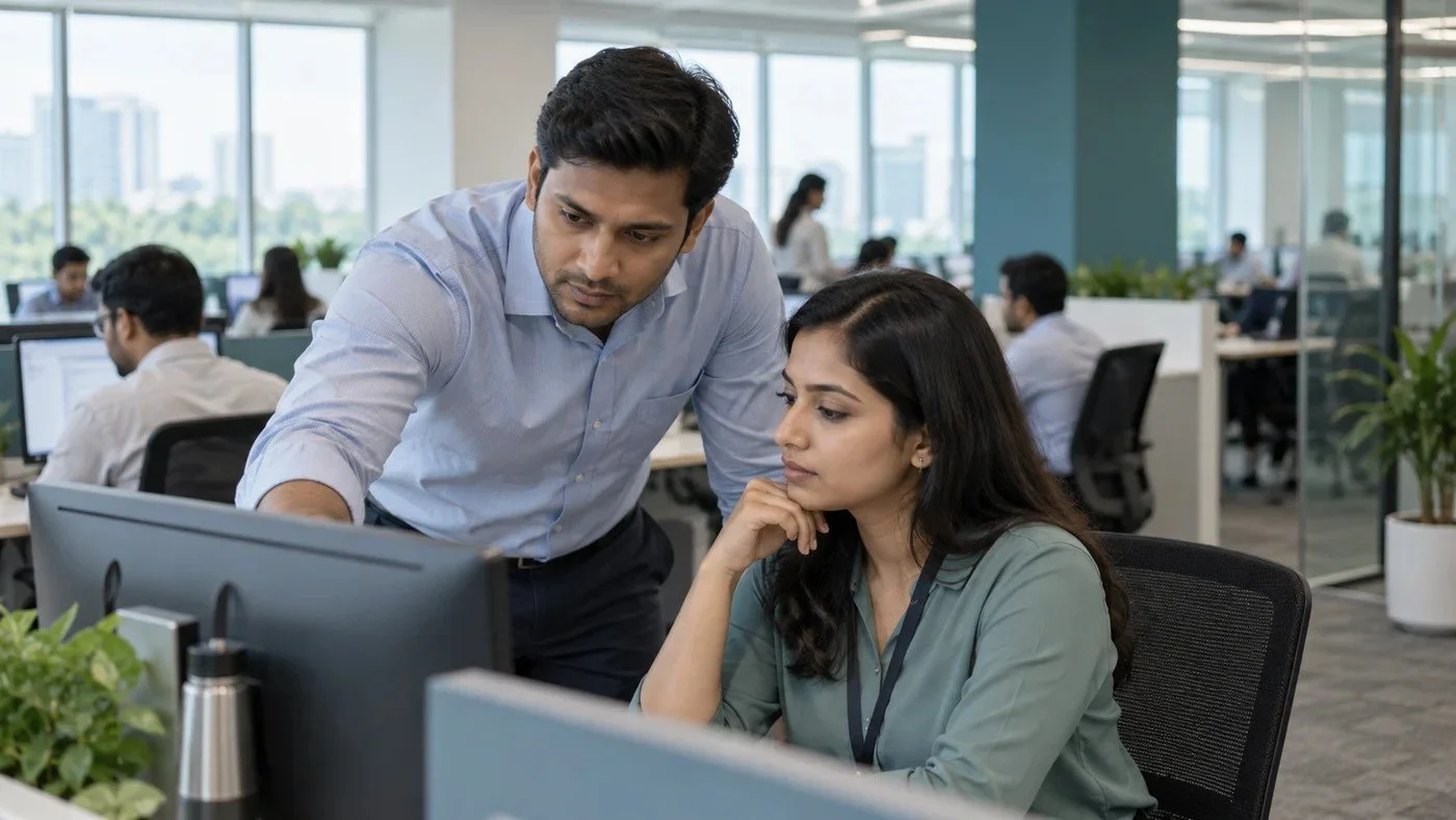 Illustrative photograph of an Indian service delivery manager and analyst at a workstation with an operations floor behind them