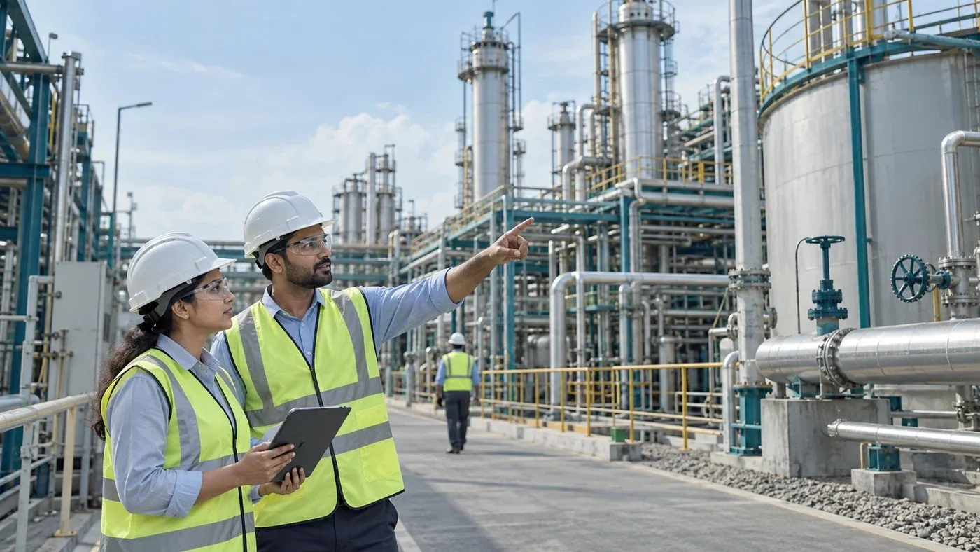 Illustrative photograph of Indian engineers reviewing a specialty chemicals plant with processing equipment and appropriate safety gear