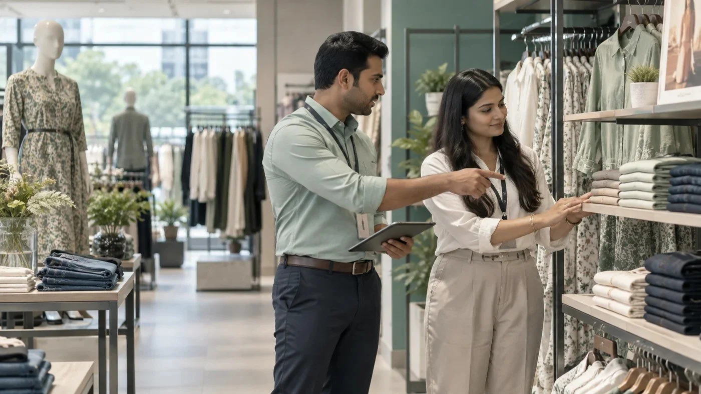 Illustrative photograph of an Indian store manager and merchandising colleague reviewing a fashion-store display