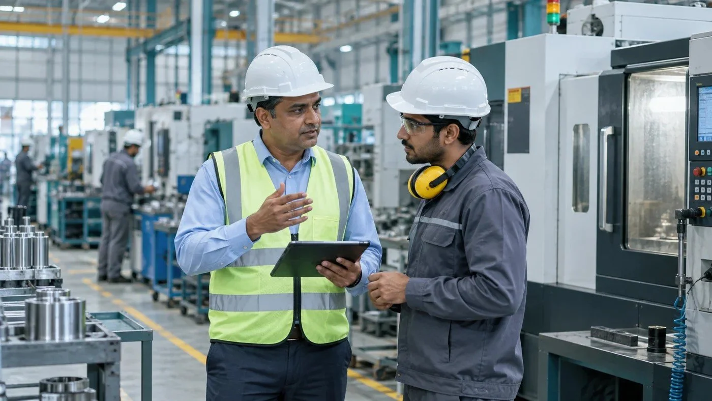 Illustrative photograph of an Indian plant manager and engineer discussing operations on a modern production floor