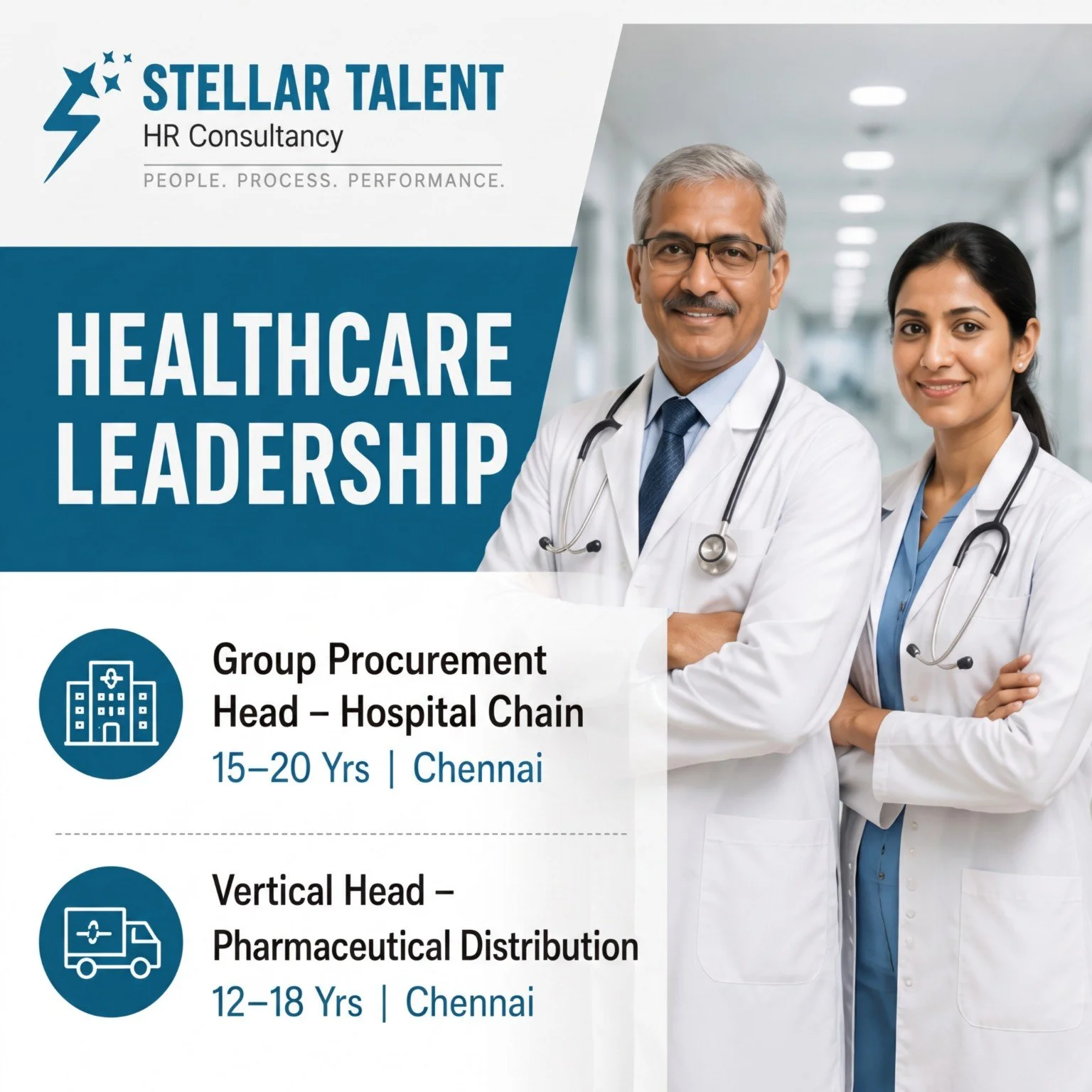 Stellar Talent HR Consultancy Healthcare Leadership advert showing two healthcare professionals and procurement and pharmaceutical distribution roles.