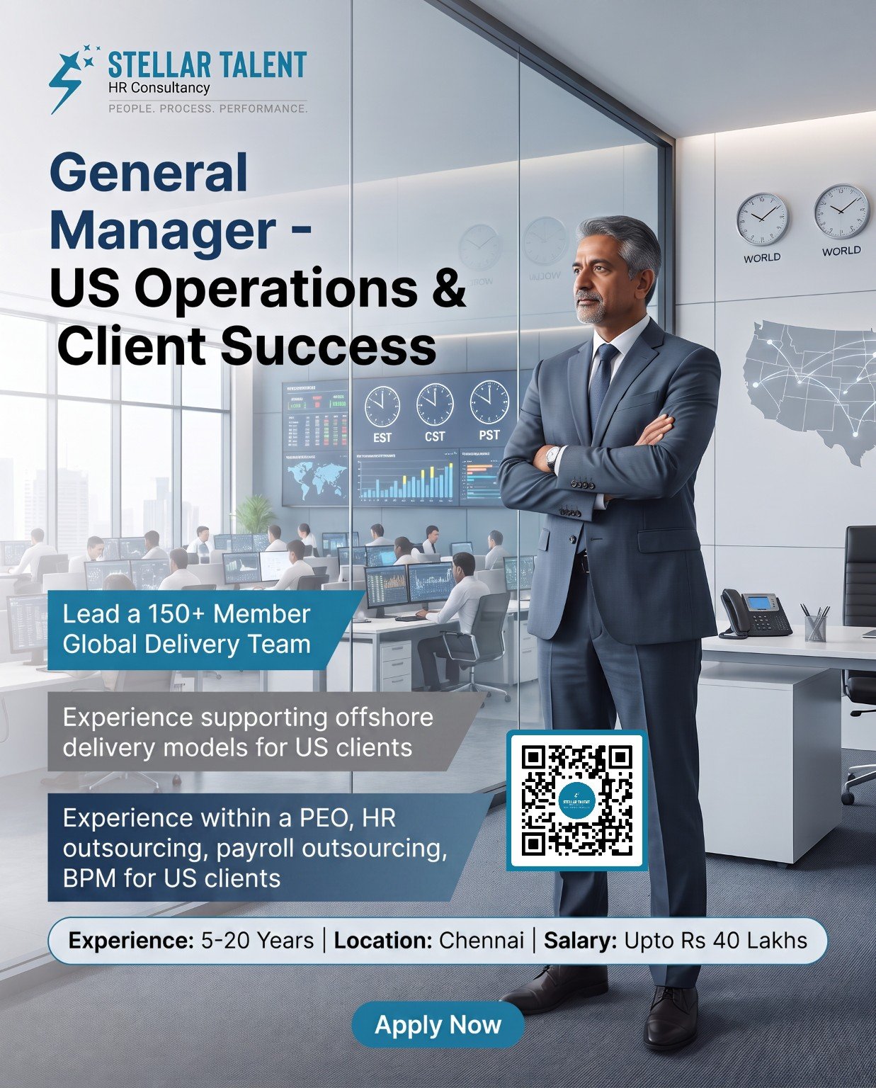 Stellar Talent HR Consultancy job advert for General Manager — US Operations & Client Success, showing a senior executive and an operations team.