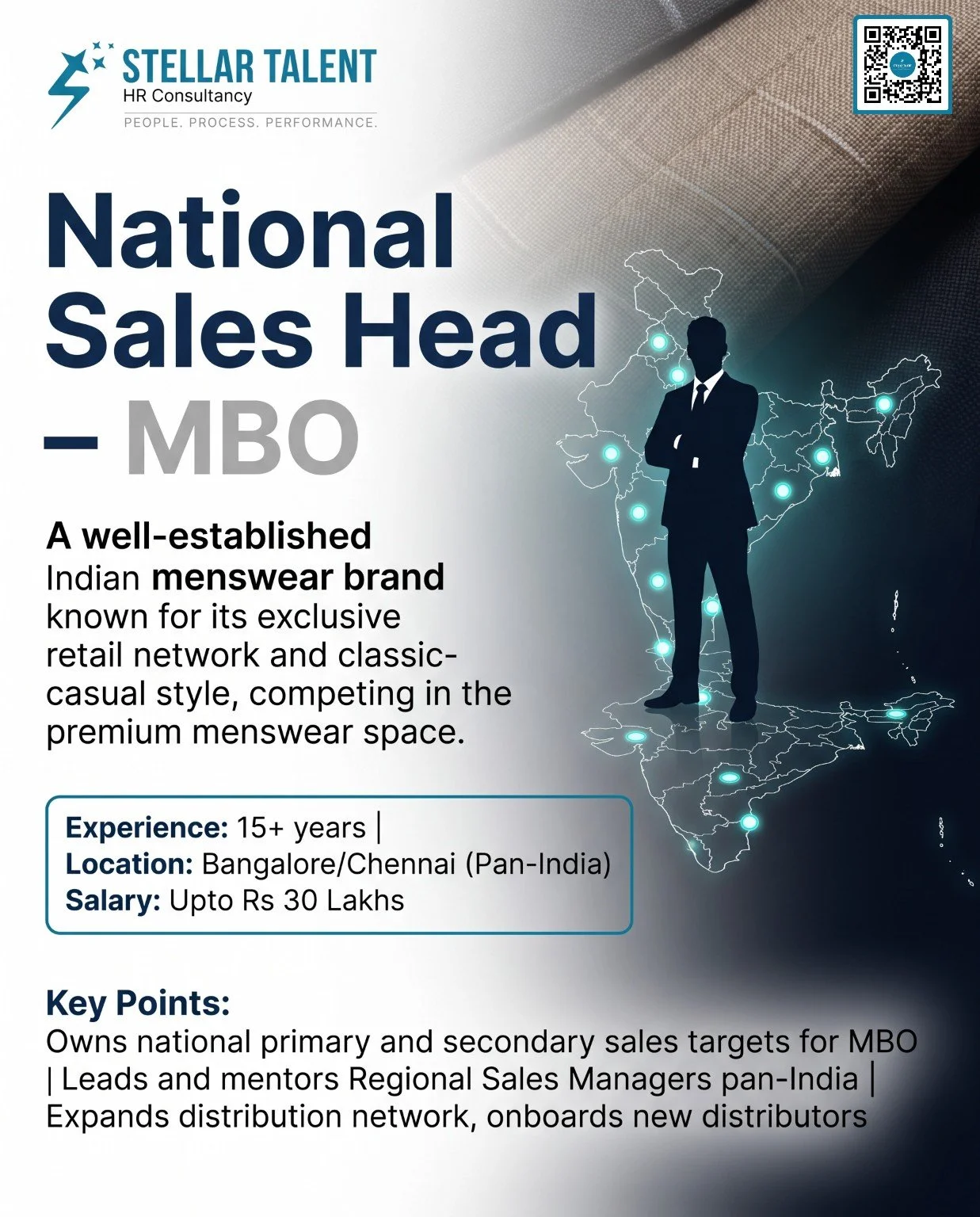 Stellar Talent HR Consultancy National Sales Head — MBO advert for a premium Indian menswear brand, with a pan-India retail network illustration.